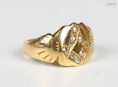 An 18ct gold and diamond Masonic signet style ring with a sq...