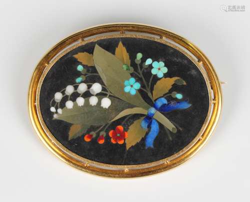 A Florentine gold mounted oval pietre dure brooch, last quar...