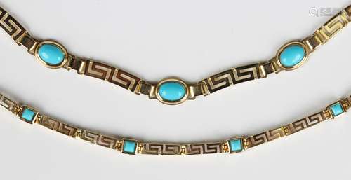 A gold and turquoise necklace, pierced in a Greek key patter...