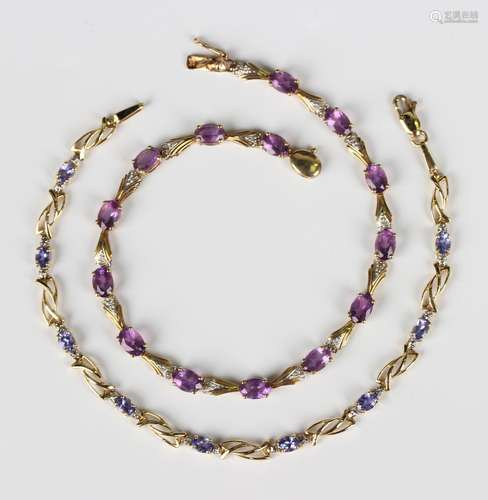 A 9ct gold, amethyst and diamond bracelet, claw set with a r...