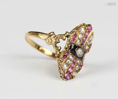 A gold, diamond, pink gem and black enamelled ring, collet s...