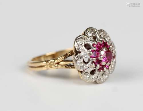 A gold, diamond and synthetic ruby cluster ring, claw set wi...