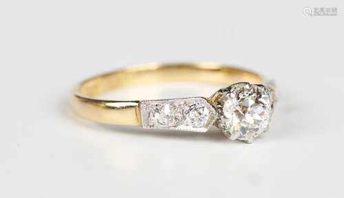 A gold, platinum and diamond ring, claw set with the princip...