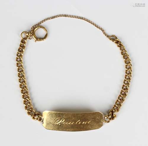 An 18ct gold curblink identity bracelet, engraved Pauline, w...