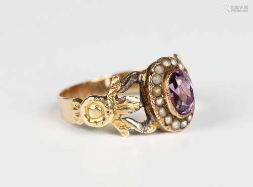 A gold, amethyst and seed pearl cluster ring, collet set wit...