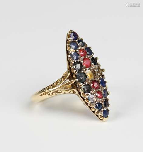 A gold, red and blue gem set marquise shaped cluster ring, d...