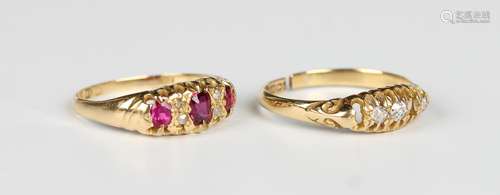 An 18ct gold, ruby and diamond ring, mounted with three oval...