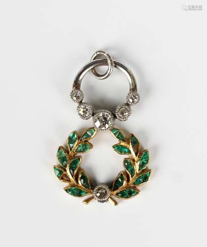 A gold, diamond and emerald pendant, designed as a wreath, m...