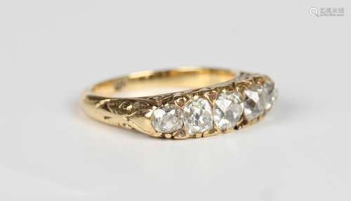 A gold and diamond five stone ring, circa 1900, mounted with...