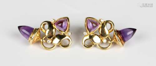 A pair of 18ct gold, amethyst and diamond earrings, each pie...