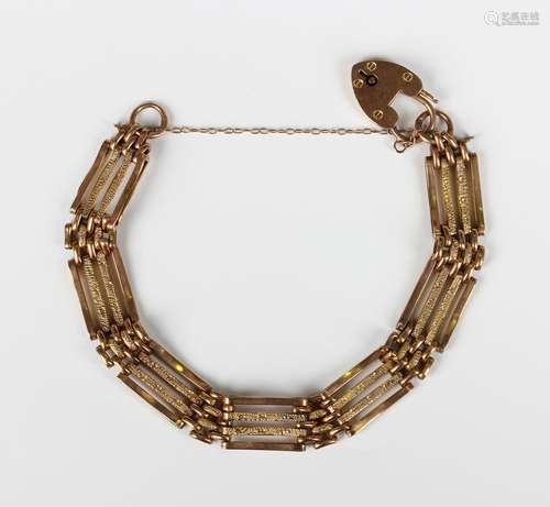 A gold curved bar and decorated link bracelet, circa 1910, o...