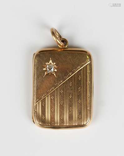 A 15ct gold and diamond rectangular pendant locket, the fron...