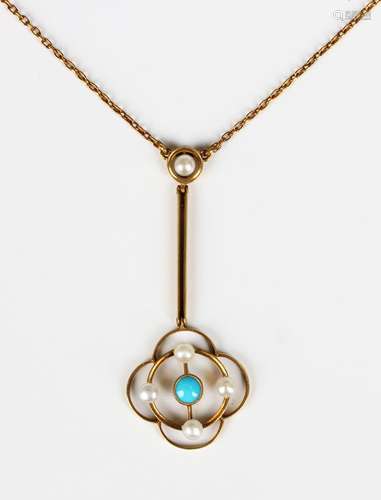 A gold, turquoise and seed pearl pendant necklace, circa 192...