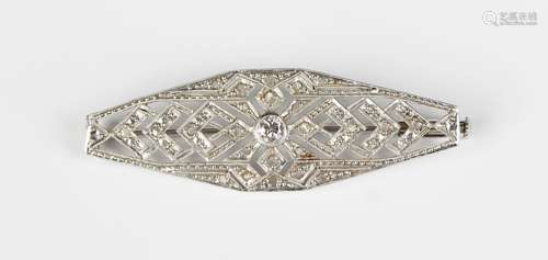 A French platinum and diamond bar brooch, circa 1920, in a p...