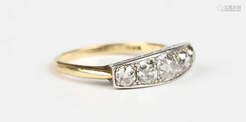 A gold and diamond five stone ring, mounted with a row of cu...