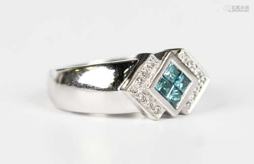 A white gold, treated blue diamond and diamond ring, the squ...