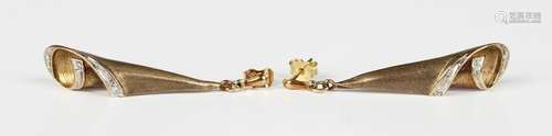 A pair of 9ct gold and diamond pendant earrings, each in a l...