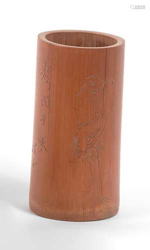 Porte-pinceaux en bambou à décor incisé d'une grue debou...