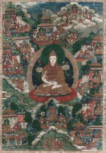 Thangka, détrempe sur toile, à décor central de Tsongkhapa d...