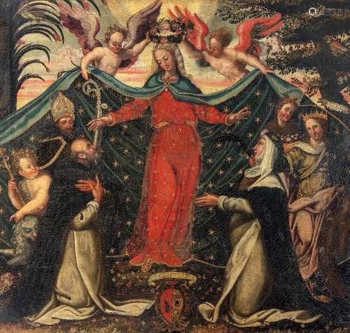 La Vierge protectrice couronnée par deux anges de roses et d...