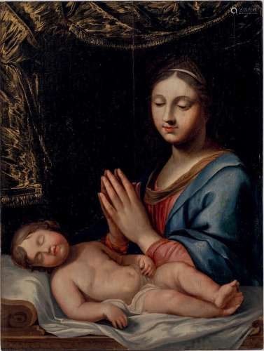 La Vierge adorant l'Enfant endormi. Huile sur panneau et...