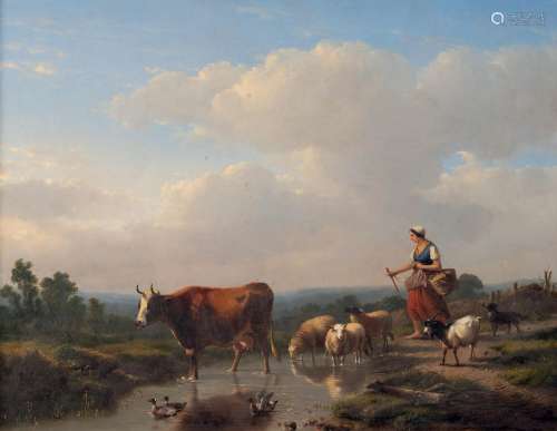 Fermière dans un paysage, 1852.Huile sur panneau.Signée et d...