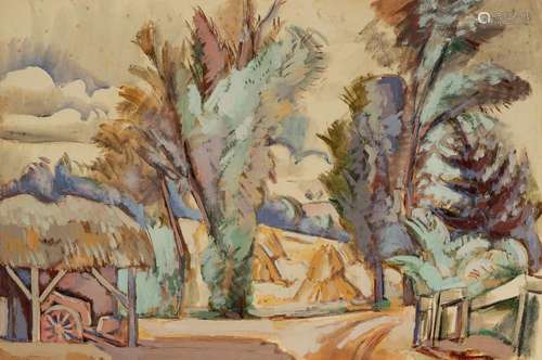 Cour de ferme et paysage au champ, circa 1930 40. Aquarelle ...