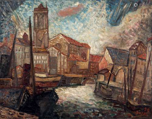 Les maisons du port, 1938.Huile sur toile.Signée et datée en...