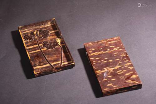 昭和時期木胎漆器浮雕文房硯盒