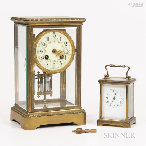 Two French Brass and Glass Clocks, one with 3 1/2-in enamele...