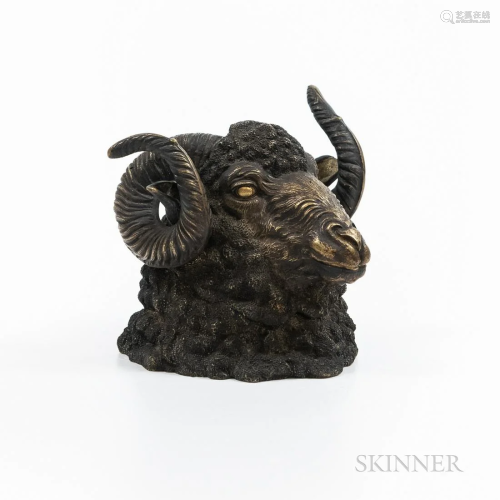 Bronze Ram-head Inkwell, with a hinged lid, ht. 3 1/2 in.