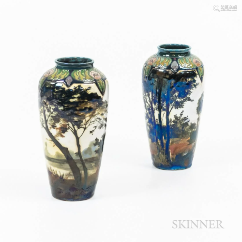Pair of French Art Nouveau Pottery Montieres Amiens Vases, c...