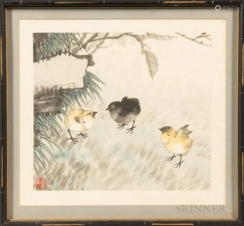Framed Painting, China, depicting three chicks and bamboo pl...