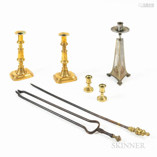 Seven Pieces of Metal Item, including brass candlesticks, ht...