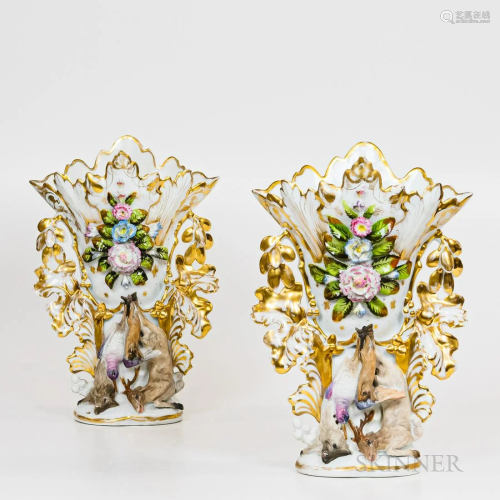 Pair of French Porcelain Vases, gilt decoration with floral ...