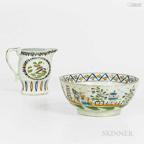 English Pearlware Bowl and Jug, 19th century, the jug decora...