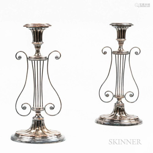 Pair of Lyre-form Silver-plated Candlesticks, ht. 12 3/8 in.