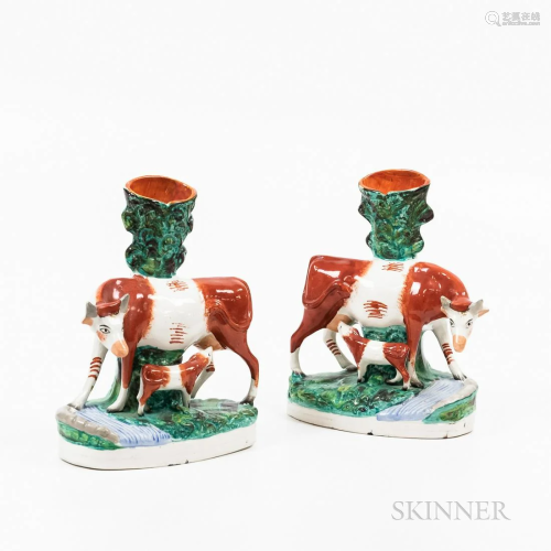 Pair of Staffordshire Pottery Cow Figural Spill Vases, ht. 1...