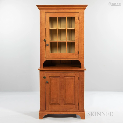 David Cross Tiger Maple Two-part Cupboard, the top with a gl...