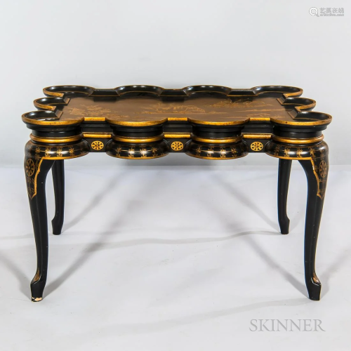 Chinoserie-style Ebonized and Giltwood Porringer-top Table, ...
