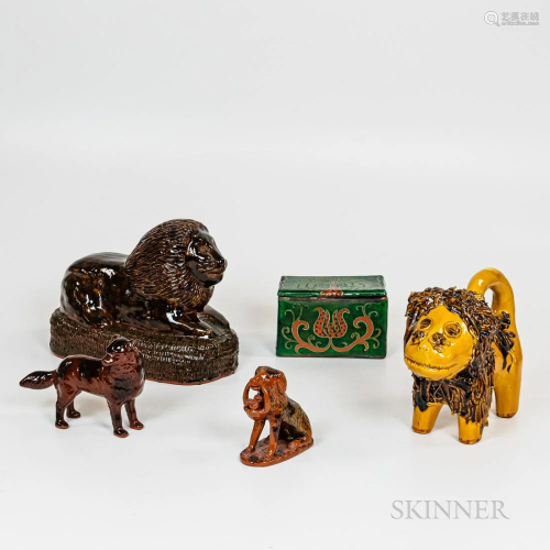 Four Pieces of Redware Animal Pottery and a Green Glazed Box...
