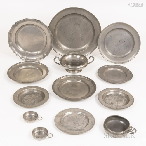 Thirteen Pieces of Pewter Table Items, including plates, por...