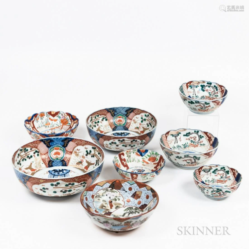 Eight Imari and Similar Bowls, ht. to 5, dia. to 13 in.