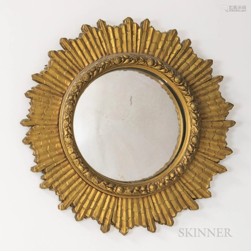 Gilt Wooden Sunburst Convex Mirror, early 20th century, dia....