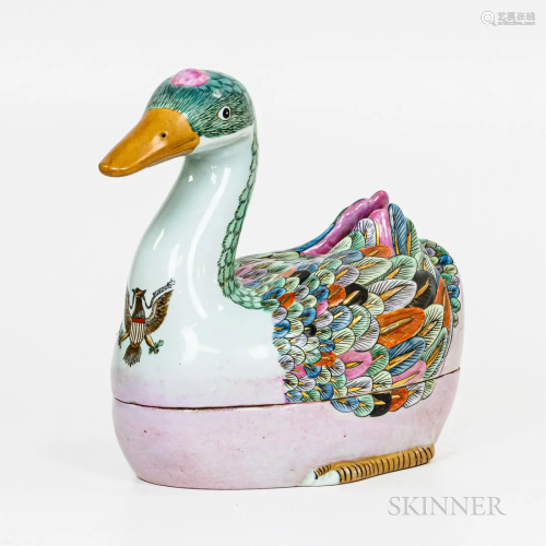 Chinese Export Ceramic Figural Goose Tureen, the polychrome-...