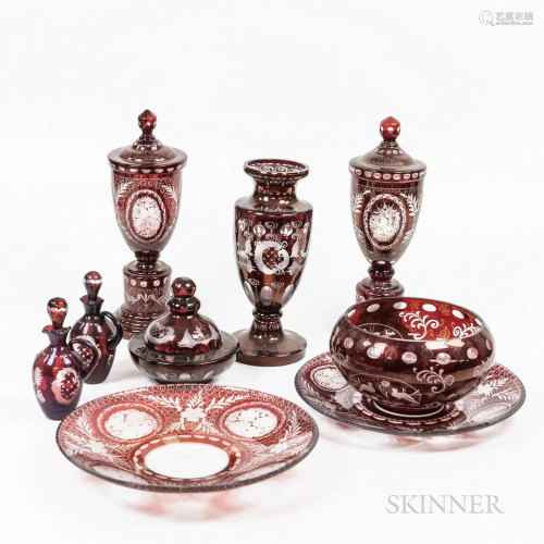 Seven Pieces of Etched Cranberry Glass Item, including a pai...