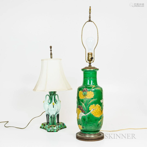 Two Ceramic Crane Table Lamps, a Majolica lamp with a group ...