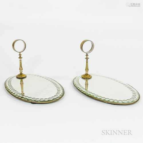Pair of Oval Etched Mirrored Glass and Brass Lamp Sconces, h...