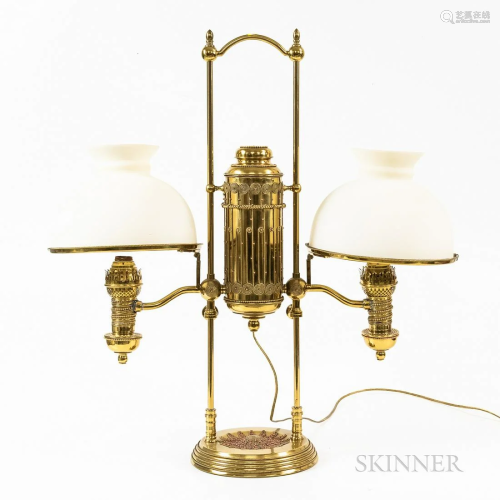Large Brass Double Student Lamp, with two white frosted shad...