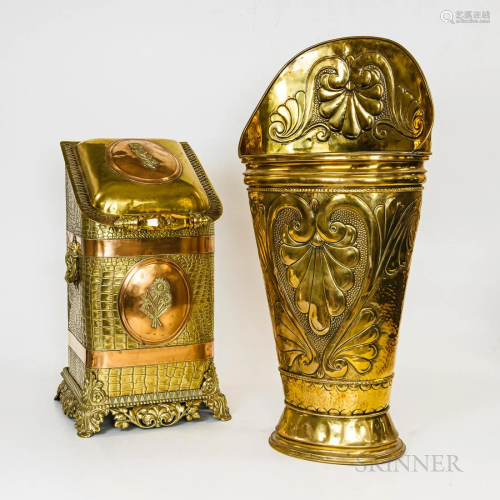 Brass Umbrella Stand and a Brass and Copper Coal Hod, the um...